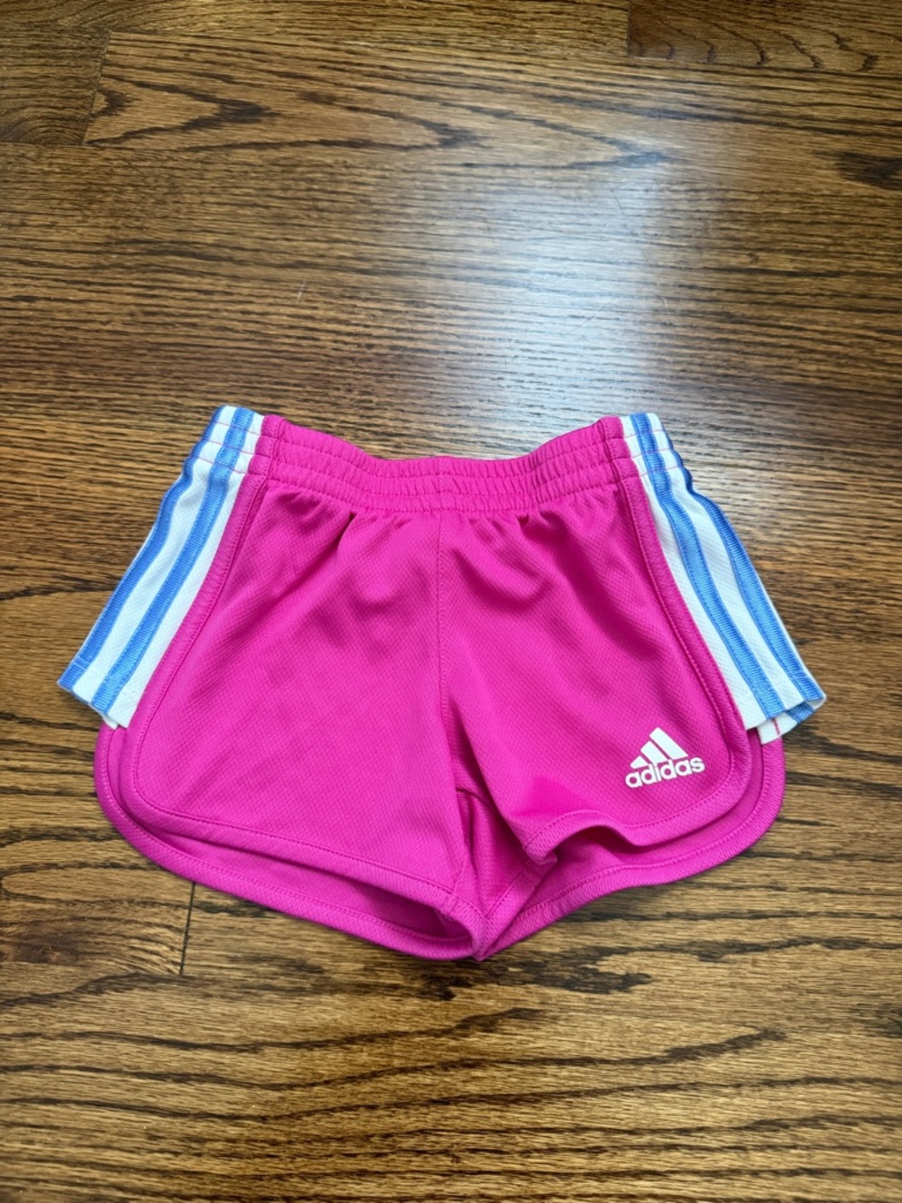 adidas Bright Pink Girls' Athletic Shorts with Light Blue Stripe